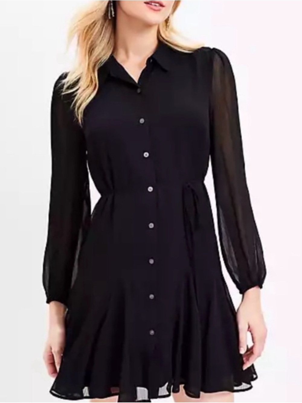 LOFT Black Button-Front Long-Sleeve Shirt Dress